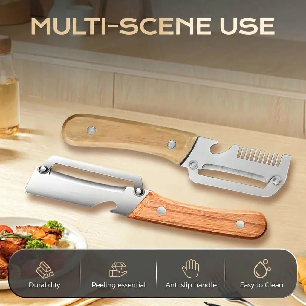 Ultra-Sharp Multi-Functional Vegetable Peeler Set - Stainless Steel Blades with Wooden Handles & Built-in Bottle Opener (2 Pcs)