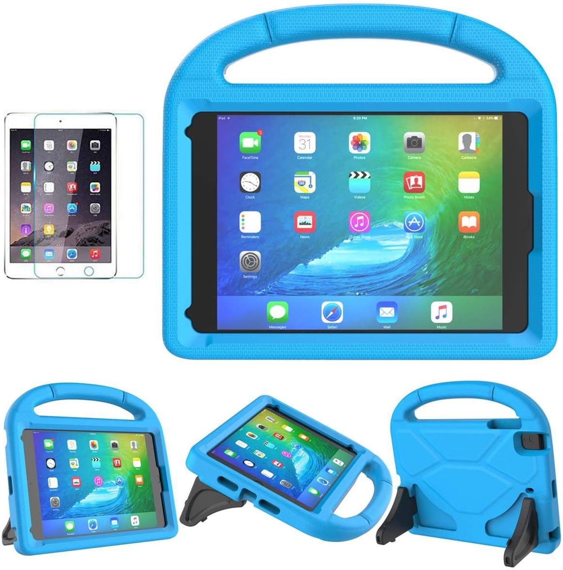 Ultimate Kids Case for iPad Mini 5/4/3/2/1 (7.9") - Shockproof, Durable Bumper with Handle & Kickstand + 2 Screen Protectors in Blue